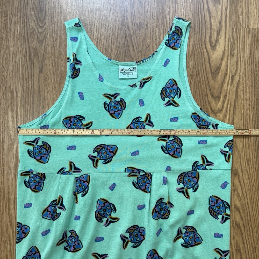 VTG Zip Code Dress Womens XL Green Fish Print Maxi 100% Cotton 90s Retro Beachy - Picture 7 of 8